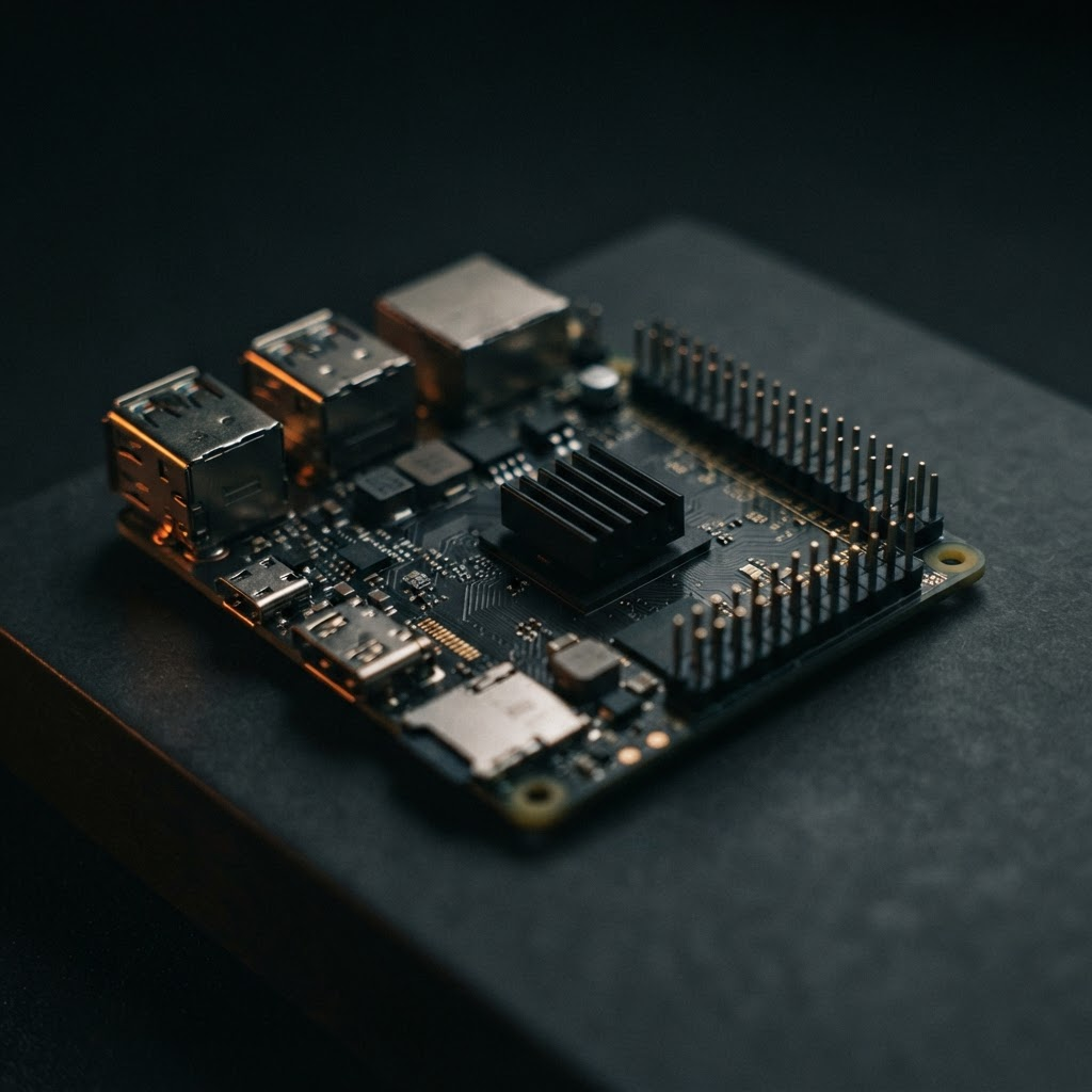 Макросъёмка одноплатного компьютера Raspberry Pi с чипами и радиатором